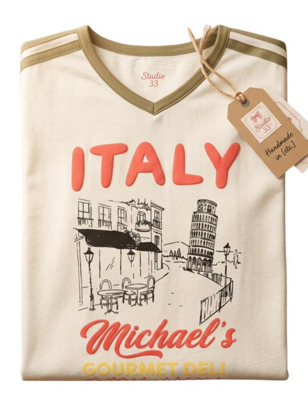 Italy Travel Graphic Tee Women's Cream V-Neck Short Sleeve Pisa T-Shirt S-XL